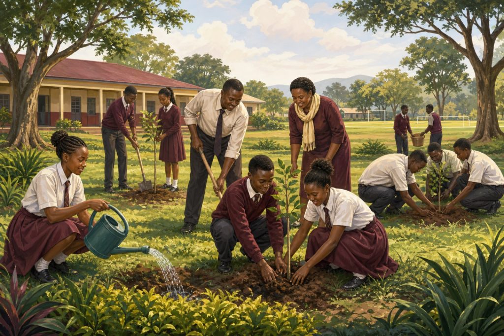 Illustration of learners and teachers planting trees during community service
