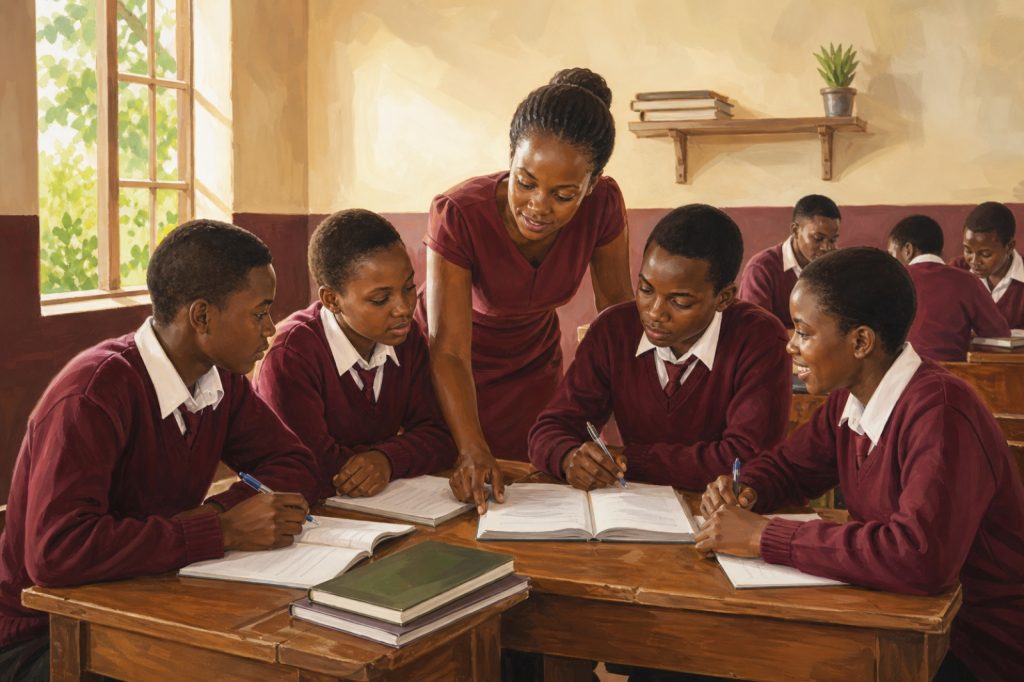 Illustration of secondary-school learners studying together with a teacher